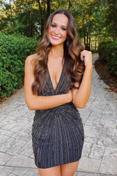 Glitter Black Halter Neck Bodycon Homecoming Dress with Beading